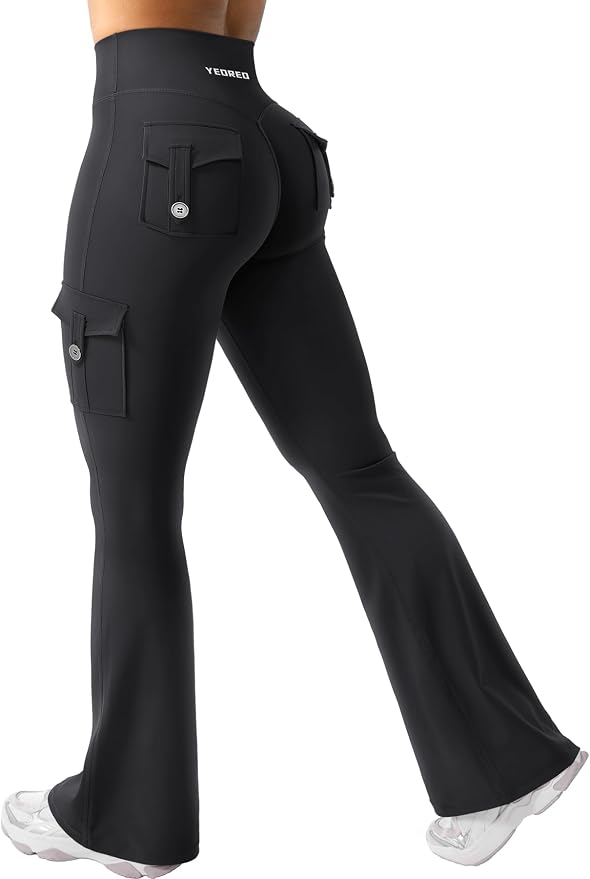 DC / Leggings acampanados de entrenamiento con bolsillos ocultos para mujer / Negro / XS / YEOREO