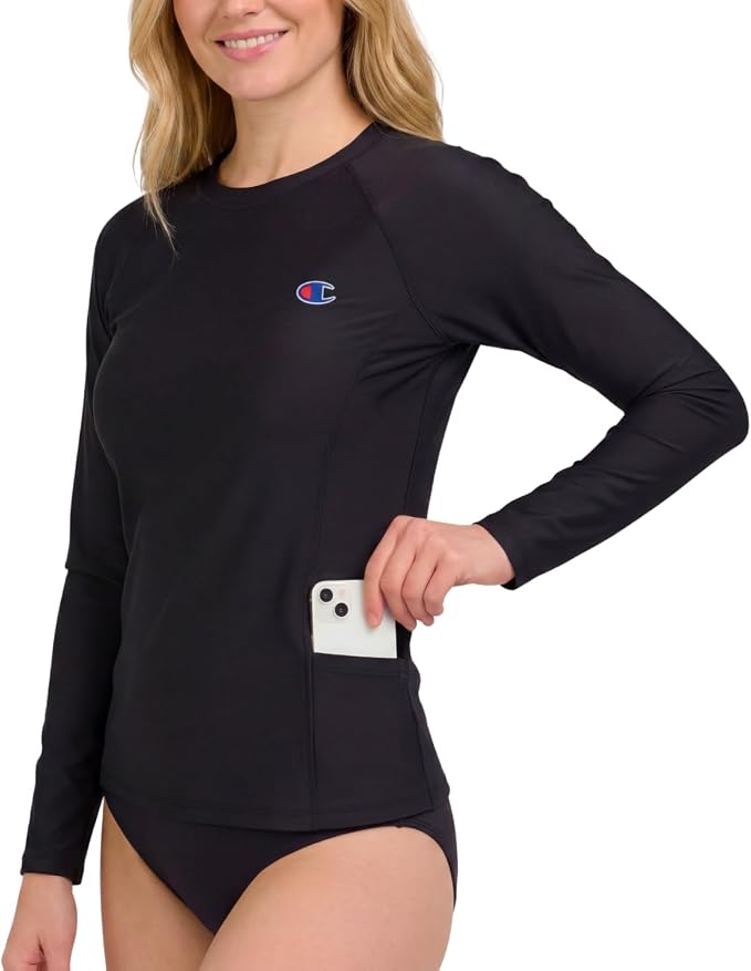 DC / Champion Camiseta de natación de manga larga con bolsillo, protección UV UPF 50+,-Talla XL Negro