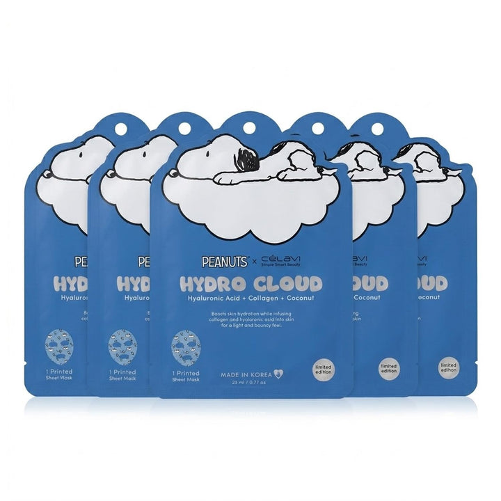AP / CELAVI x PEANUTS / Mascarilla facial Snoopy / Paquete de 5 / Ácido Hialurónico, Colágeno y Coco