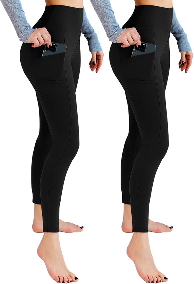 AP / Leafigure / Paquete de 2 leggings con bolsillos para mujer / Negro / Talla S/M