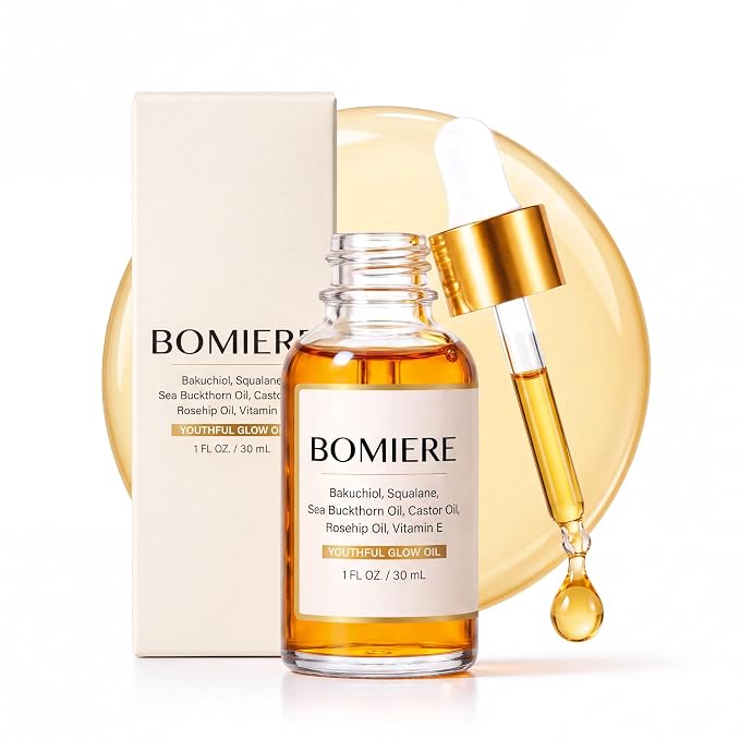 DC/ Aceite facial Bakuchiol con escualano, aceite facial de brillo juvenil con rosa mosqueta, espino cerval de mar y aceite de ricino, suero hidratante ligero para piel seca y opaca, 1 fl oz / 30ml / Bomiere