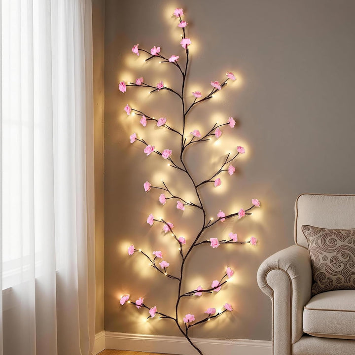DC / Luces de vid de sauce rosa alimentadas por USB para decoración de 96 luces LED de flores de 6 pies con 48 rosas, 8 modos de luces de árbol regulables para decoración / CAMANTU