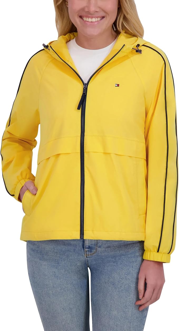 DC / Tommy Hilfiger Chaqueta cortavientos para mujer, ligera con capucha- Amarillo Talla L