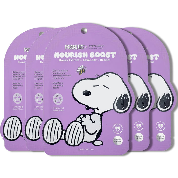AP / CELAVI x PEANUTS / Mascarilla facial Snoopy / Paquete de 5 / Miel y Lavanda