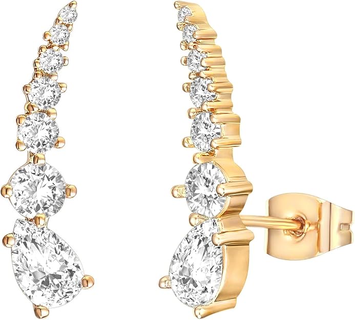 DC / Aretes Trepadores con Tachuelas Chapados en Oro de 14K con Circonita Cúbica para Mujeres / PAVOI