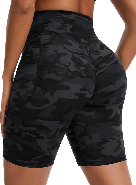 DC / Pantalones cortos de yoga de cintura alta para mujer/ sin costuras frontales, elásticos, fruncidos,  / de 5/8 pulgadas con bolsillos/ Camuflado-Talla L-THE GYM PEOPLE