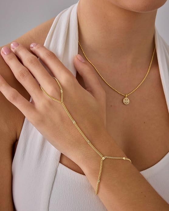 DC / Pulsera de mano con anillo ajustable / chapada en oro de 14 quilates /  PAVOI
