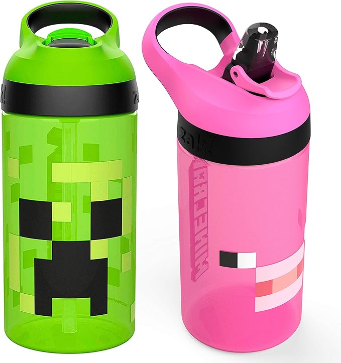 DC / Zak Designs Minecraft - Botella de agua para niños con popote y asa de transporte integrado, hecha de plástico / 16 onzas / set 2