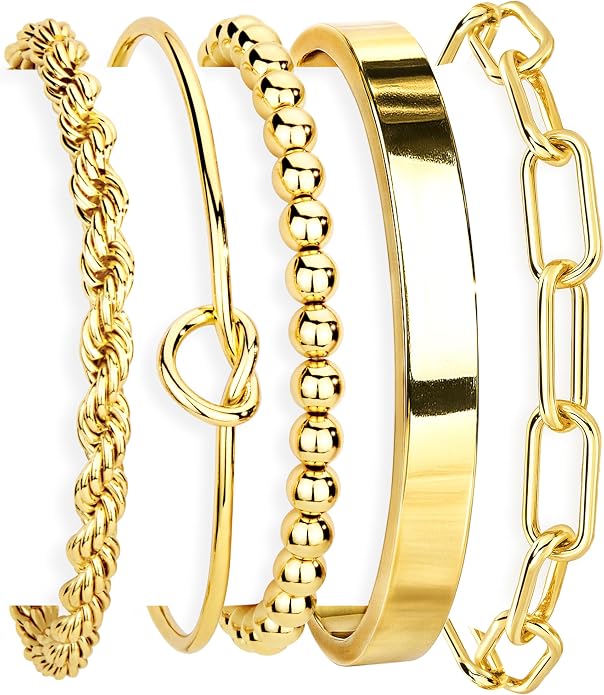 DC /  Conjunto de brazaletes dorados chapado genuino de oro de 14K / 5 piezas / Gokeey
