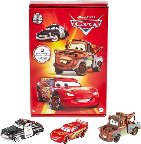 DC / Mattel Disney y Pixar Cars Toys, Radiator Springs, paquete de 3 autos y camiones de juguete fundidos a presión con Lightning McQueen, Mater y Sheriff