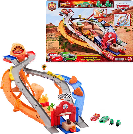DC / Mattel Disney y Pixar Cars Set de Juguetes, Rayo McQueen y Chick Hicks y 2 Vehículos del Equipo de Pobretones, 2 Maneras de Carrera, Pista de Carrera y Rescate Carretera