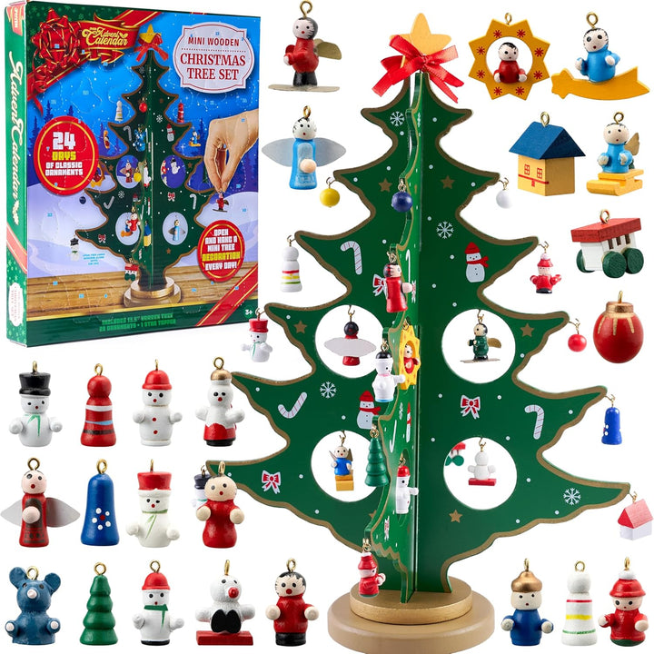 DC / JOYIN Calendario de Adviento de cuenta regresiva de Navidad de 24 días con un árbol de Navidad de madera de mesa y 28 adornos / 13.1"l. x 11.5"an. pulgadas