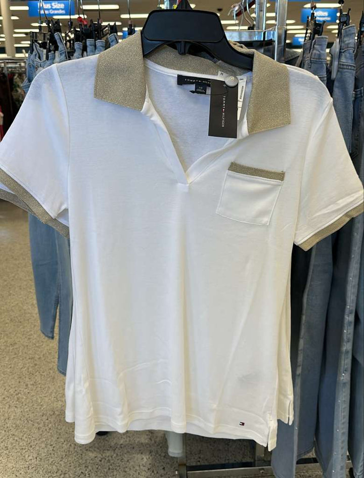 Blusa mujer / manga corta / blanco con dorado / TH / R112025-5293-8