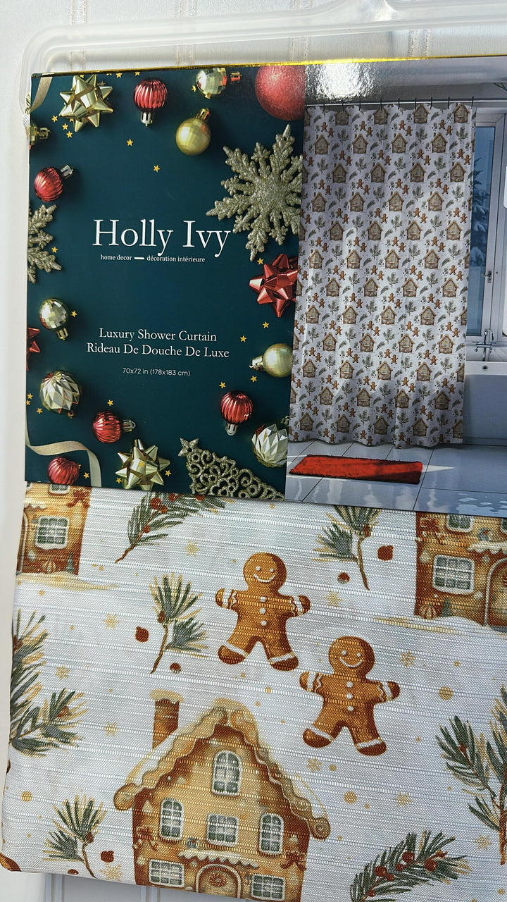 Hogar / Decoración / Navidad / Cortina de ducha de tela / Casitas & galletas de jengibre / Holly Ivy / R112425-5297-3