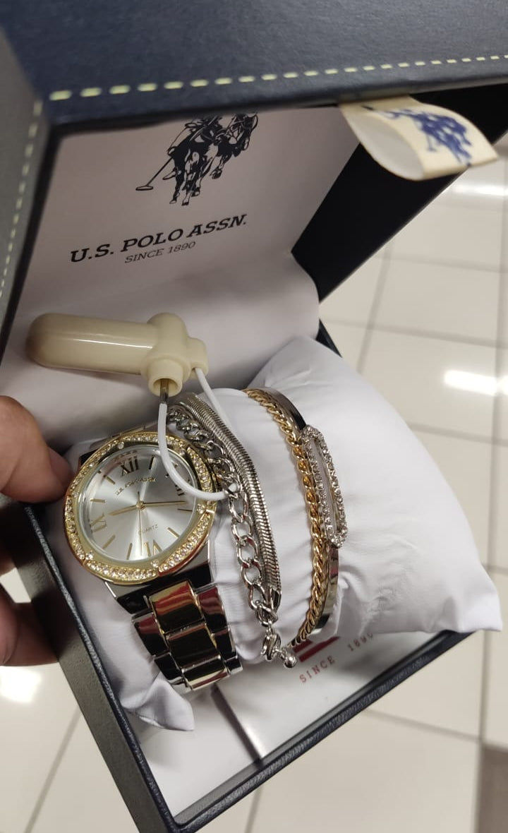 Accesorios / Reloj de Mujer / Dorado con plateado / Piedras en el Marco Redondo / Us Polo / B051526-62332