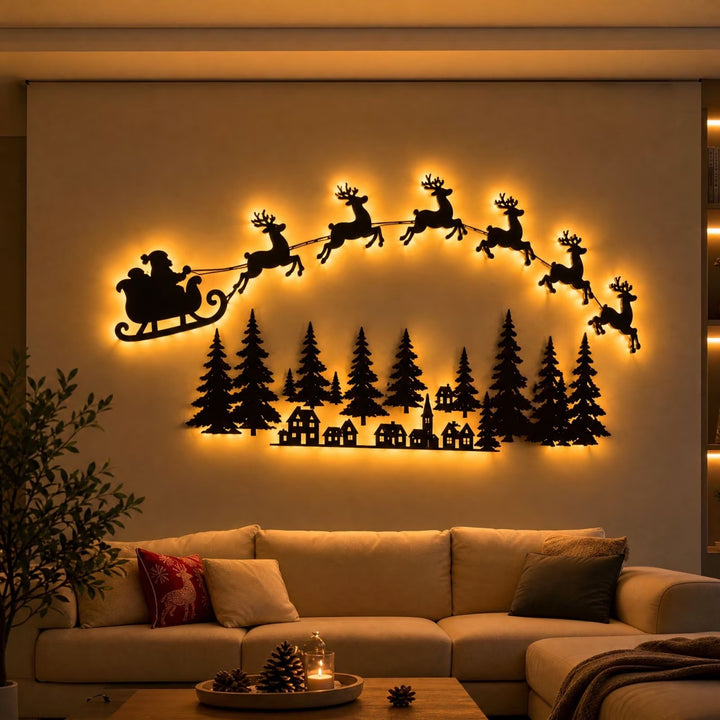 Decoración de pared con trineo de renos de madera retroiluminado por LED con control remoto