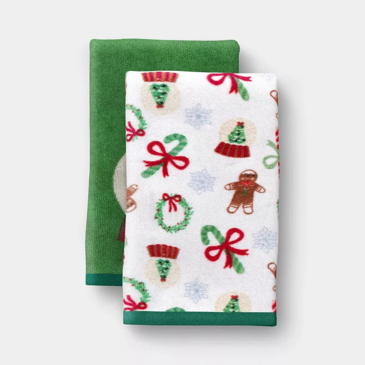 AP / Wondershop / Juego de 2 toallas de mano navideñas con diseño de bola de nieve, color verde / 100% algodón