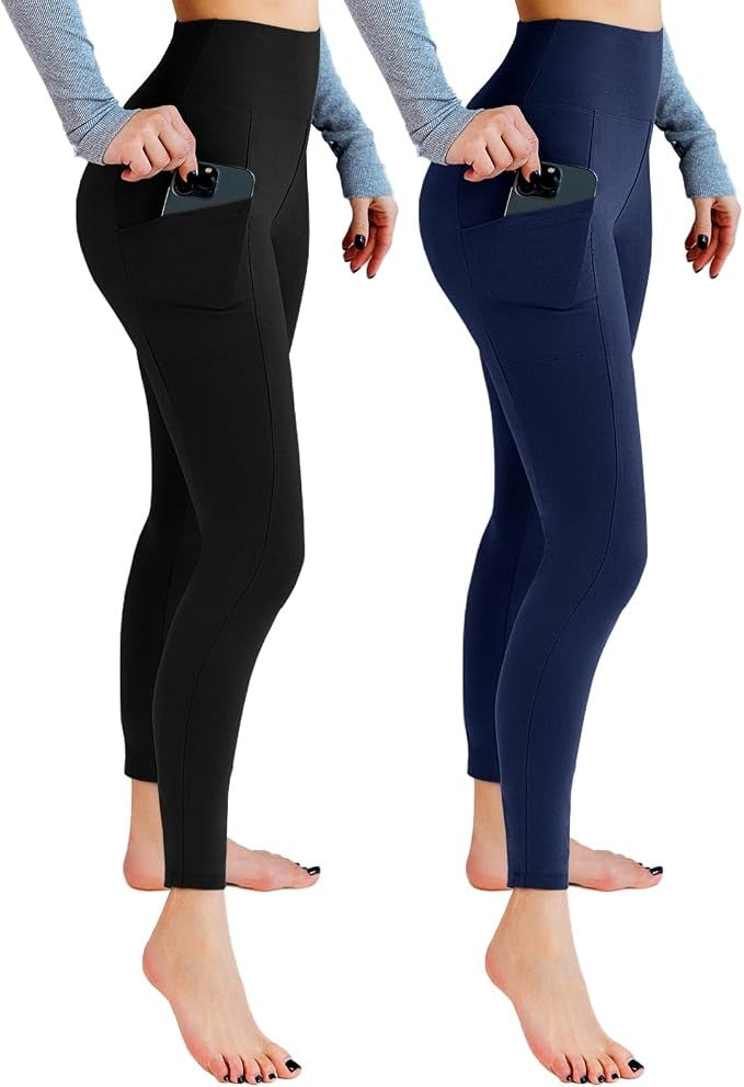 AP / Leafigure / Paquete de 2 leggings con bolsillos para mujer / Negra-Azul / Talla L/XL
