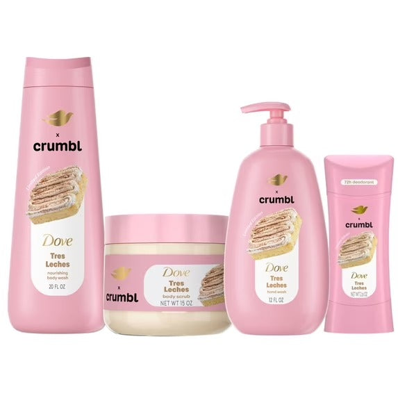 DC / Dove x Crumbl / Paquete de Autocuidado / Tres Leches / Gel de baño, exfoliante, desodorante y jabón de manos